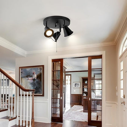 3-Light Industrial Directional Track Lighting with Pull Chain On/Off, Black Ceiling Spotlight, Morden Flush Mount Kitchen Light for Hallway,Dining Room,Porch,Office.Gu10 Bulbs Included