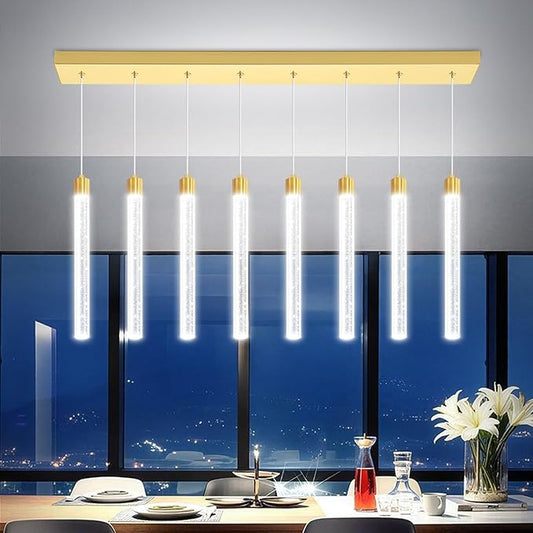 Modern Rectangular Crystal Chandelier LED Dimmable Crystal Column Chandelier Living Room Crystals Pendant Light for Dining Room Adjustable Height 8-Light Gold