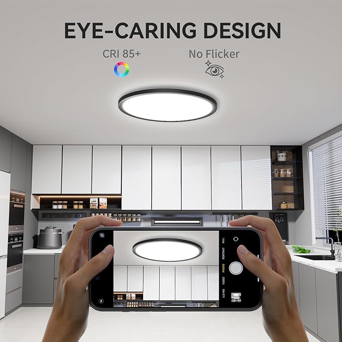 WKONCLDY 4700lm LED Flush Mount Ceiling Light, Super Slim 16 inch LED Ceiling Light, 5000K LED Ceiling Light for Bedroom, Living Room, Dining Room (Black, Four Pack)