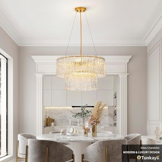 20" Crystal Chandelier Modern Gold Glass Chandeliers 2-Tier Round Elegant Luxury Lighting 6-Light Drum Crystal Chandelier for Dining Room Kitchen Restaurant Foyer Bedroom Living Room