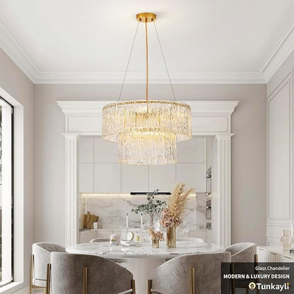 20" Crystal Chandelier Modern Gold Glass Chandeliers 2-Tier Round Elegant Luxury Lighting 6-Light Drum Crystal Chandelier for Dining Room Kitchen Restaurant Foyer Bedroom Living Room
