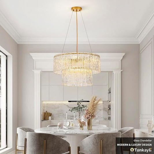 20" Crystal Chandelier Modern Gold Glass Chandeliers 2-Tier Round Elegant Luxury Lighting 6-Light Drum Crystal Chandelier for Dining Room Kitchen Restaurant Foyer Bedroom Living Room