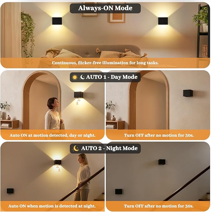 Yochoice 4-Pack Motion Sensor Wall Lights with Remote, 6000mAh Rechargeable Wall Sconce with 3 Color Temperatures & Touch Control, Dimmable LED Battery Powered Peel and Stick Sconces Indoor, Black