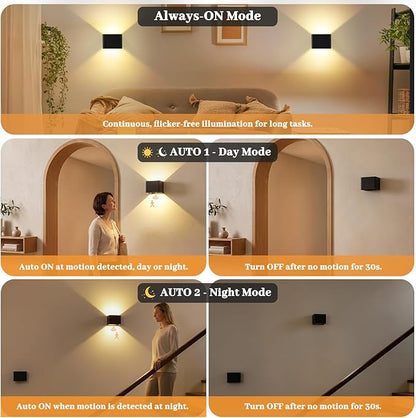 Rechargeable Motion Sensor Wall Light with Remote, 6000mAh Magnetic Battery Operated Wall Sconces, 3 Color Temperatures & Dimmable, Black LED Up Down Wireless Wall Lamp for Bedroom Living Room, 2-Pack