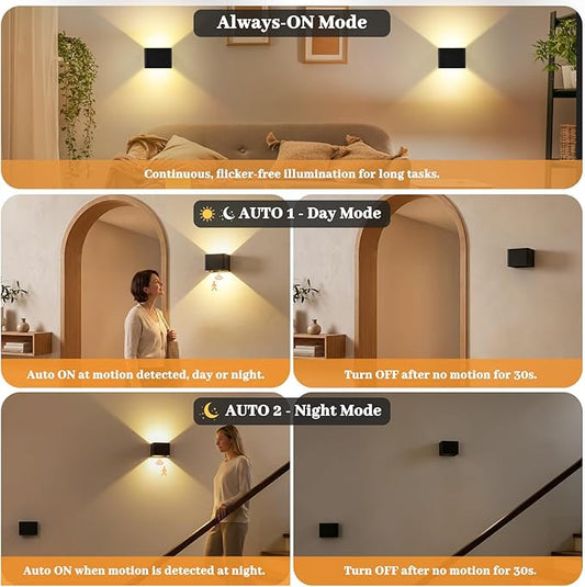 Rechargeable Motion Sensor Wall Light with Remote, 6000mAh Magnetic Battery Operated Wall Sconces, 3 Color Temperatures & Dimmable, Black LED Up Down Wireless Wall Lamp for Bedroom Living Room, 2-Pack