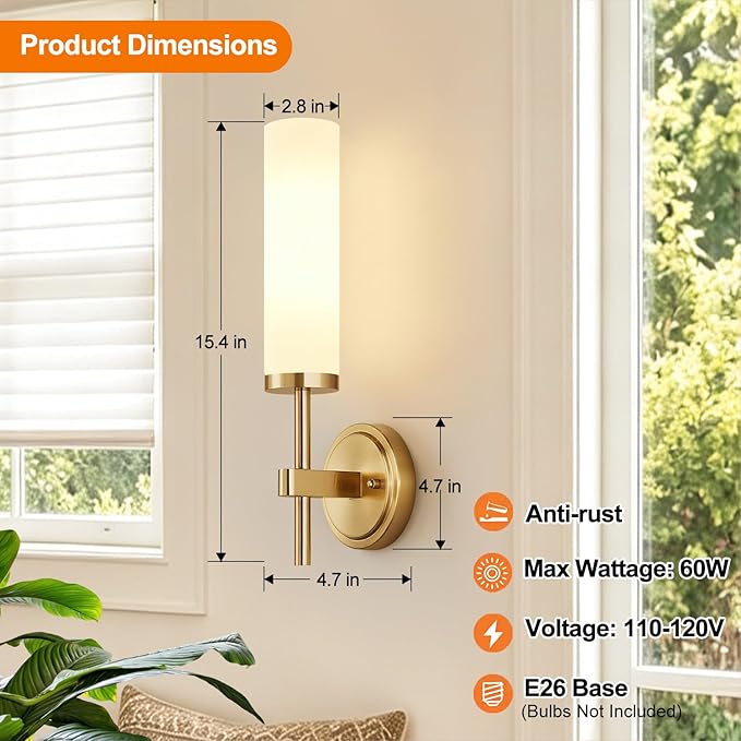 [Hardwired] Wall Sconces Set of Two, Brushed Gold Bathroom Sconces with Milky White Glass, Modern Wall Light Fixtures for Bathroom Mirror Vanity, Living Room, Hallway, Stairway, Cabinet, Foyer