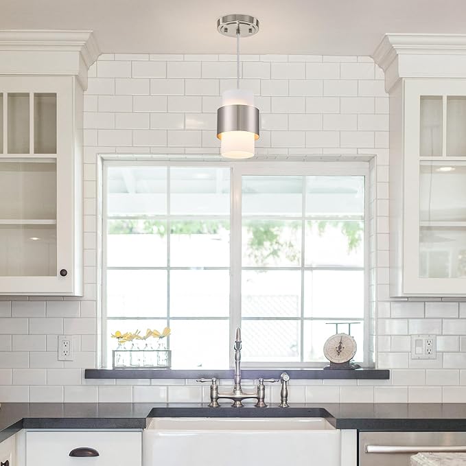 Modern Pendant Lighting, Nickel Hanging Light Fixtures for Kitchen Island Hallway Porch Corridor Bedroom with Frosted Glass Shade, 1 Light