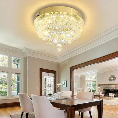 Dia 12" Mini Chandelier Flush Mount Chandelier for Hallway, Crystal Ceiling Chandeliers for Dining Room, Bedroom, Living Room, Entryway, Kitchen (Gold Ceiling Light Fixture)