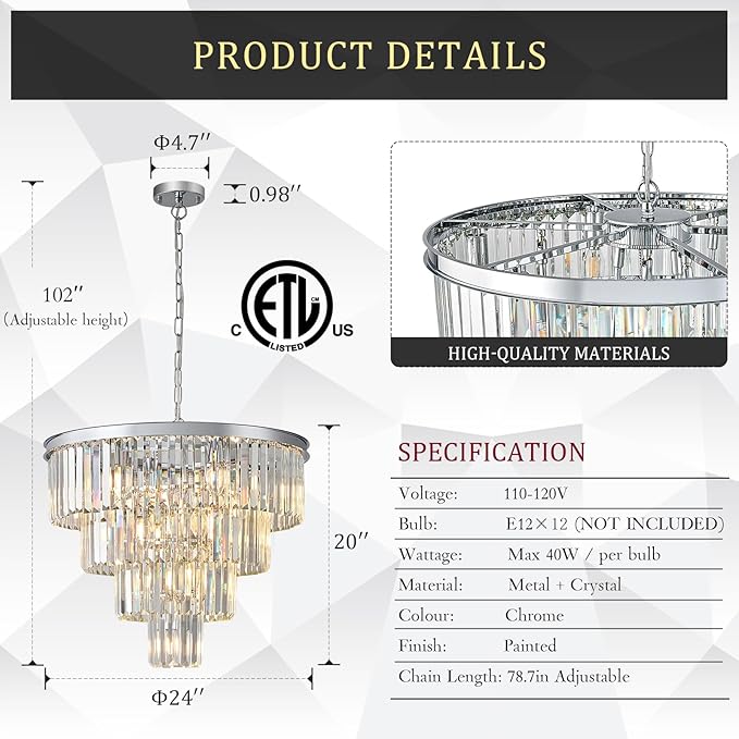 CATINER Modern Chrome Crystal Chandeliers 24” Luxury Chandeliers 4-Tier 12 Lights K9 Crystal Round Ceiling Pendant Light Fixture Contemporary for Living Dining Room Foyer Staircase Bedroom