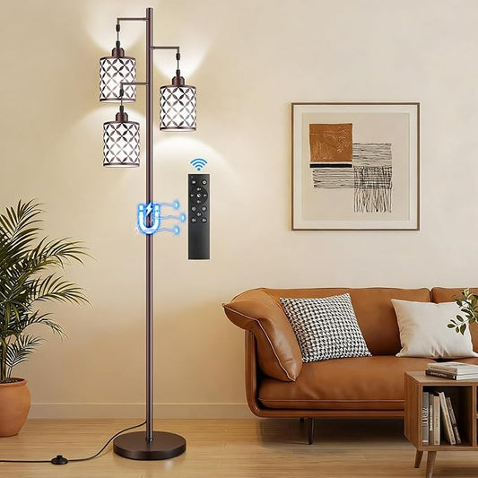 Dimmable Floor Lamp, Farmhouse Standing Lamp with Elegant Metal Cage, Industrial Tall Tree Floor Lamps for Living Room, Bedroom, Study Room, Office, 3 x 1100LM LED Bulbs Included, 72",Brown