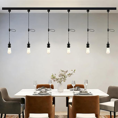 Universal H-Type Track Pendant Lighting Kit with 6 Bulbs, 6-Pack Black Hanging Track Lighting Fixtures, 4000K Natural Light, E26 Base for Kitchen Island, Dining Room & Living Area
