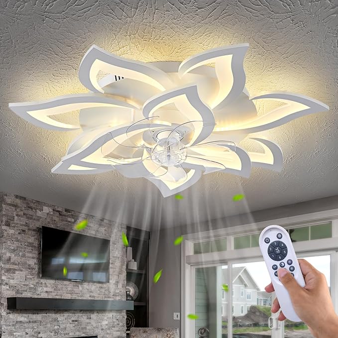 Yfrest Modern Ceiling Fan with Light and Remote, Low Profile Ceiling Fans with Lights, 32 Inch Flush Mount Ceiling Fan with 3 Light Color 6 Speeds, Fandelier Ceiling Fan for Living Room, Dining Room