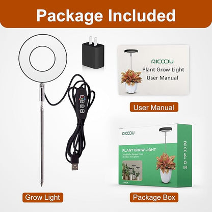 Grow Lights for Indoor Plants Small Potted - Full Spectrum, Auto 3/9/12H Timer, 10-Level Dimming & Adjustable Height - Compact Grow Light for Succulents, Herbs, Foliage in Home/Office (Black,1PACK)