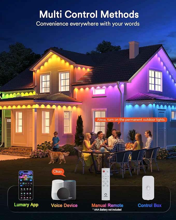 Lumary Permanent Outdoor Lights 2 with Remote, Slide-Base, 150ft with 90 RGBAICW LEDs 5400lm for House Daily & Accent Lighting, DIY 110+ Scene for Christmas Decor, Compatible with Alexa Google, White