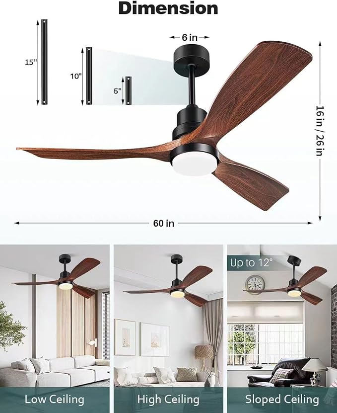 60 Inch Ceiling Fans with Lights, Outdoor Ceiling Fan for Patios with Light and Remote, 3 Downrods, ETL Listed, 3 Blades Solid Wood Ceiling Fan Reversible Quiet Dc Motor For Indoor Bedroom,60in,Walnut