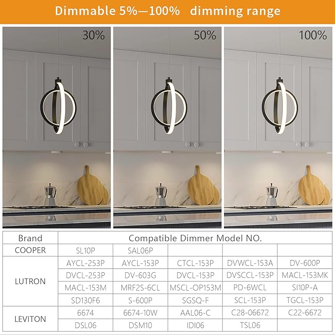 Modern LED Chandelier Black Ring Pendant Light Fixtures 4000K Dimmable Height Adjustable Pendant Lighting for Dining Room Kitchen Island Bedroom Living Room Foyer（2-Pack）