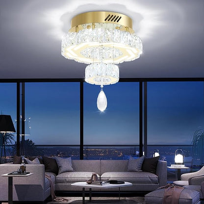 Flashing God Small Crystal Chandeliers Dia 12" Gold Chandelier Flush Mount Ceiling Light for Bedroom Living Room Dining Room Hallway Dimmable 3 Rings LED Celing Lighting Fixtures