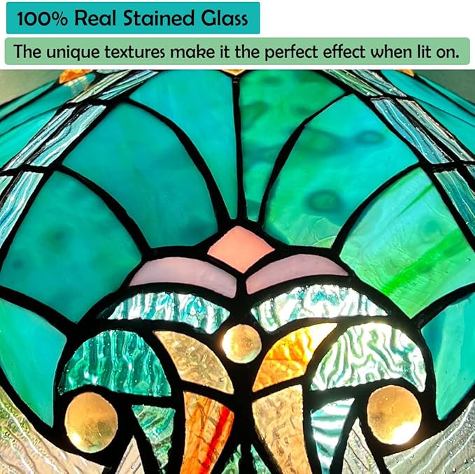 Tiffany Table Lamp with Nightlight Sea Green 3 Lights Stained Glass Desk Lamp for Reading Antique Nightstand Table Light for Living Room Bedroom Entryway