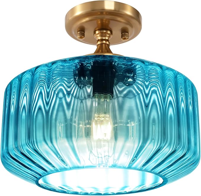 Blue Glass Ceiling Light, Flush Mount Light Fixture Ribbed Glass Shade, Vintage Farmhouse Lighting for Bedroom, Living Room, Kitchen, Bathroom, Nursery, Hallway