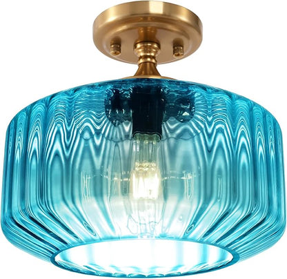 Blue Glass Ceiling Light, Flush Mount Light Fixture Ribbed Glass Shade, Vintage Farmhouse Lighting for Bedroom, Living Room, Kitchen, Bathroom, Nursery, Hallway