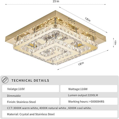 25" Crystal Gold Chandelier with Remote/App Control, 3 Color Temperature Light Fixture & Brightness Adjustable, Modern Flush Mount LED Ceiling Light Fixture for Living Room Kitchen Hallway Dining Room