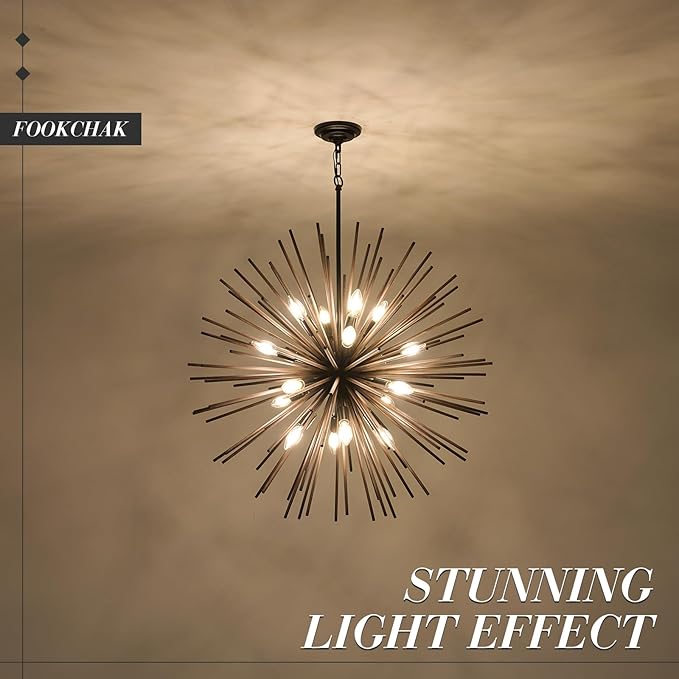 Large Wood Sputnik Chandeliers 16 Light Starburst Chandelier Light Fixture Solid Wood Farmhouse Black Satellite Light Fixture for Dining Room Foyer Living Room 32in