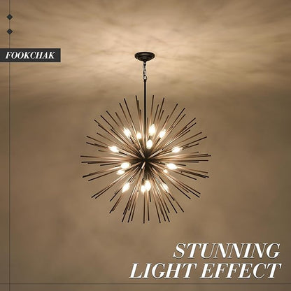 Large Wood Sputnik Chandeliers 16 Light Starburst Chandelier Light Fixture Solid Wood Farmhouse Black Satellite Light Fixture for Dining Room Foyer Living Room 32in