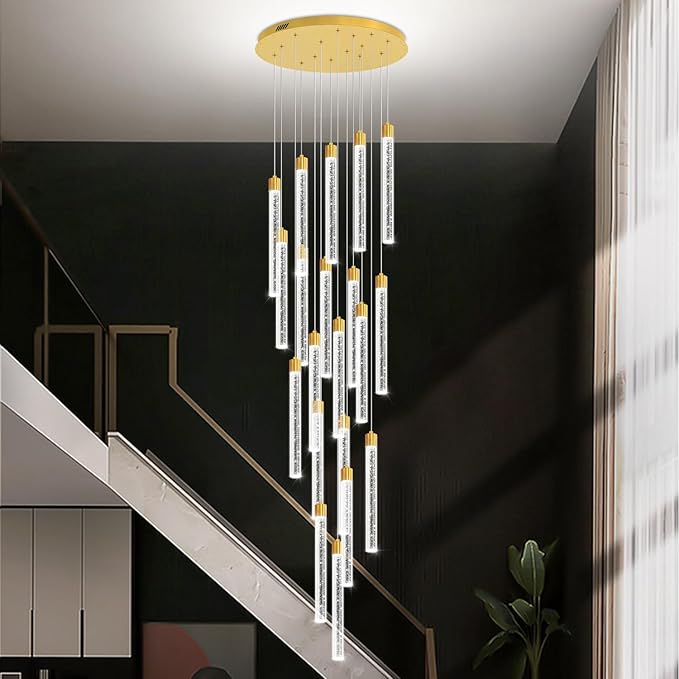 138'' Long Crystal Column Chandelier Extra Large High Ceiling Chandelier Staircase Gold 20-Lights Dimmable Led Pendant Lighting Foyer Entryway Light Source is Replaceable
