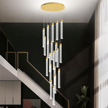 138'' Long Crystal Column Chandelier Extra Large High Ceiling Chandelier Staircase Gold 20-Lights Dimmable Led Pendant Lighting Foyer Entryway Light Source is Replaceable