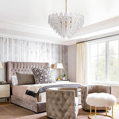 31.5" Gold Glass Chandelier, 5-Tier 12-Light Round Pendant Ceiling Fixture 59" Hanging Adjustable Chain for Foyer, Living Room, Bedroom, Dining Room