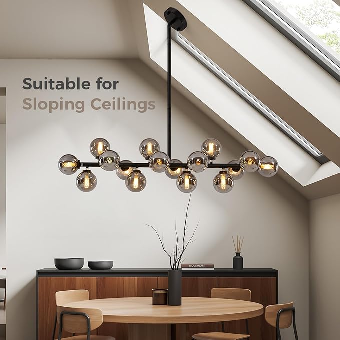 Grey Linear Chandelier, Modern Sputnik Ceiling Fixture with Adjustable Height & Dimmable Glass Shades for Dining Room, Office, Mid-Century Design