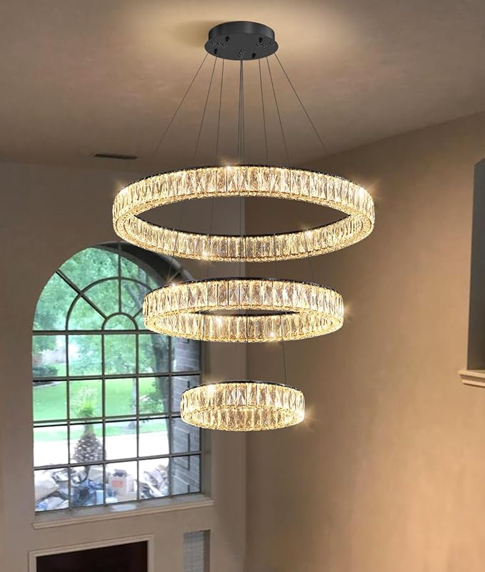 HAIXIANG Modern Glam Chandelier Crystal LED Remote Rings Chandelier Adjustable Hanging Ceilings Pendant Lights Fixture Gold 16"+24"+32" Rings Lighting