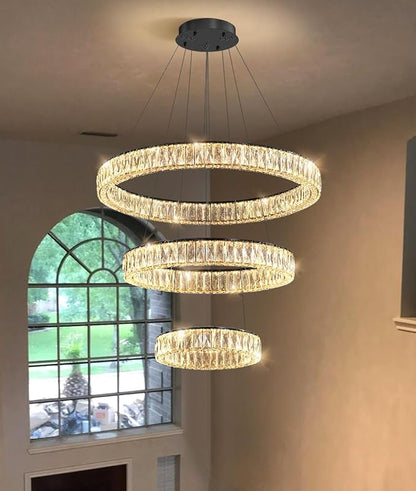 HAIXIANG Modern Glam Chandelier Crystal LED Remote Rings Chandelier Adjustable Hanging Ceilings Pendant Lights Fixture Gold 16"+24"+32" Rings Lighting
