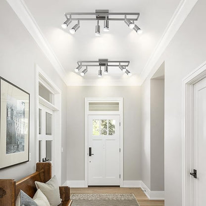 KEESFU Nickel 6-Light Track Lighting Fixtures Ceiling, GU10 LED Ceiling Spotlight with Rotatable Heads, Modern Track Light for Kitchen, Hallway, Living Room