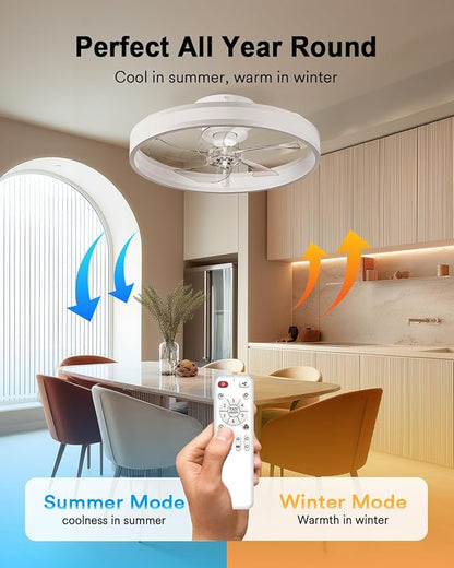 Lumary Smart WiFi Ceiling Fans with Lights, RGBAI Flush Mount Ceiling Fans with Lights and Remote, Dual Lighting Mode Modern LED Low Profile Ceiling Fan for Bedroom Works with Alexa Google, 20in White