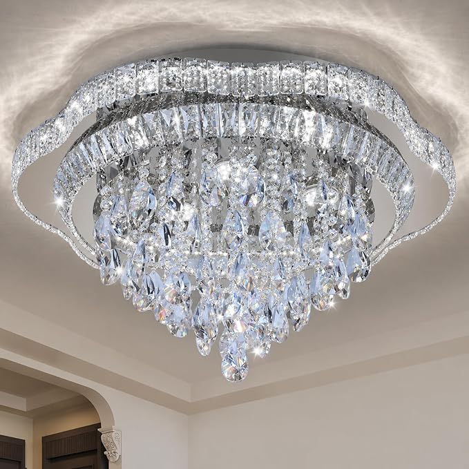 24" Sliver Crystal LED Ceiling Light Fixture with Remote Control,Flush Mount Chandelier with 3-Color Dimmable for Living Room Bedroom Dining Room Hallway - Modern Flower Design