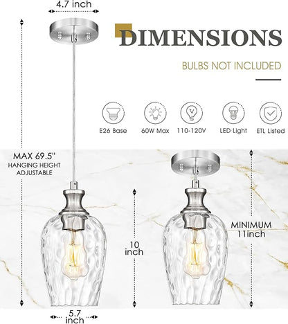 Pendant Lights Kitchen Island, Modern Brushed Nickel Hanging Lights Fixtures with Hand-Blown Hammered Clear Glass, Farmhouse Kitchen Island Lighting Over Sink, AD-24027-1P-SN