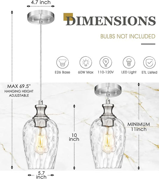 Pendant Lights Kitchen Island, Modern Brushed Nickel Hanging Lights Fixtures with Hand-Blown Hammered Clear Glass, Farmhouse Kitchen Island Lighting Over Sink, AD-24027-1P-SN