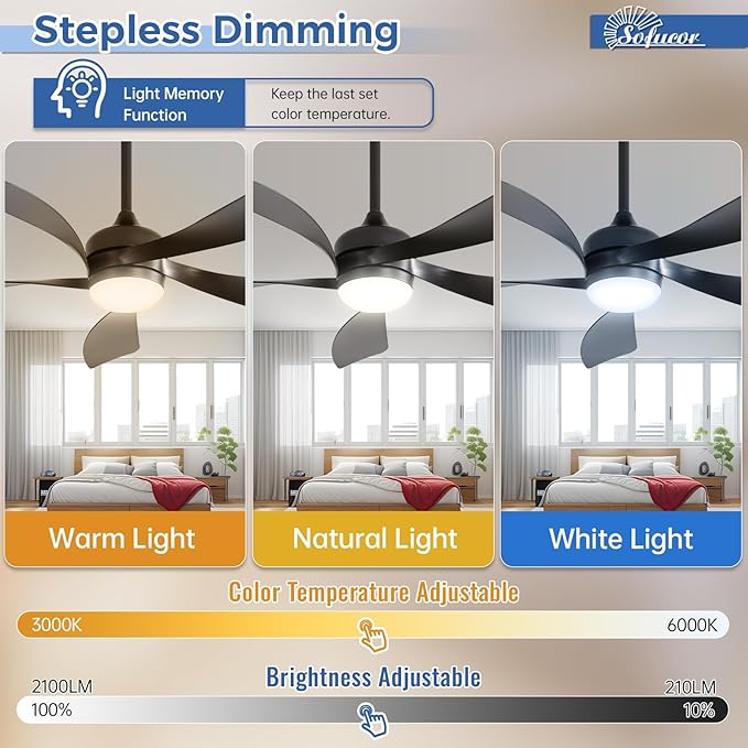Sofucor 52" Smart Ceiling Fan, Indoor/Outdoor Black Ceiling Fans with Lights and Remote, Works with Alexa/Google/App, 3-Color Light 6-Speed Timing Reversible DC Motor for Bedroom Living Room Patio