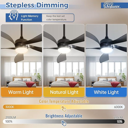Sofucor 52" Smart Ceiling Fan, Indoor/Outdoor Black Ceiling Fans with Lights and Remote, Works with Alexa/Google/App, 3-Color Light 6-Speed Timing Reversible DC Motor for Bedroom Living Room Patio
