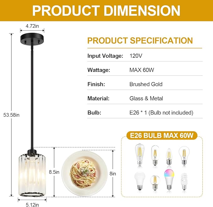 MQMQA 1 Pack Black Pendant Lights Kitchen Island, Modern Crystal Chandelier Kitchen Pendant Lighting Over Island, Adjustable Hanging Mini Light Fixtures for Dining Room Hallway Corridor Bedroom