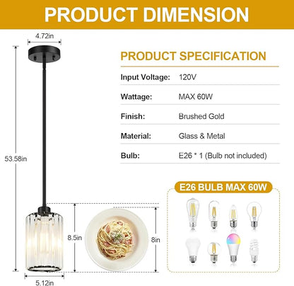 MQMQA 1 Pack Black Pendant Lights Kitchen Island, Modern Crystal Chandelier Kitchen Pendant Lighting Over Island, Adjustable Hanging Mini Light Fixtures for Dining Room Hallway Corridor Bedroom