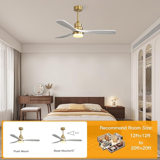 Sofucor Ceiling Fans with Lights, 52 Inch Modern Ceiling Fan with Remote, Low Profile Flush Mount Ceiling Fan for Indoor Outdoor Farmhouse Bedroom Living Room Patio, Dimmable/Timer/Reversible/DC Motor