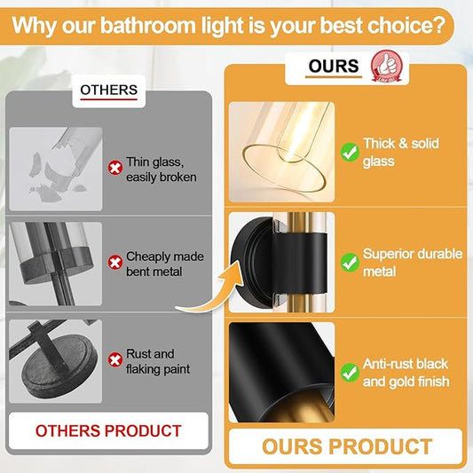 Wall Sconces Set of Two, Modern Bathroom Sconces Wall Lighting with & Clear Glass Glass, Black and Gold Sconces Wall Decor Set of 2 for Bathroom Mirror Bedroom Living Room Hallway