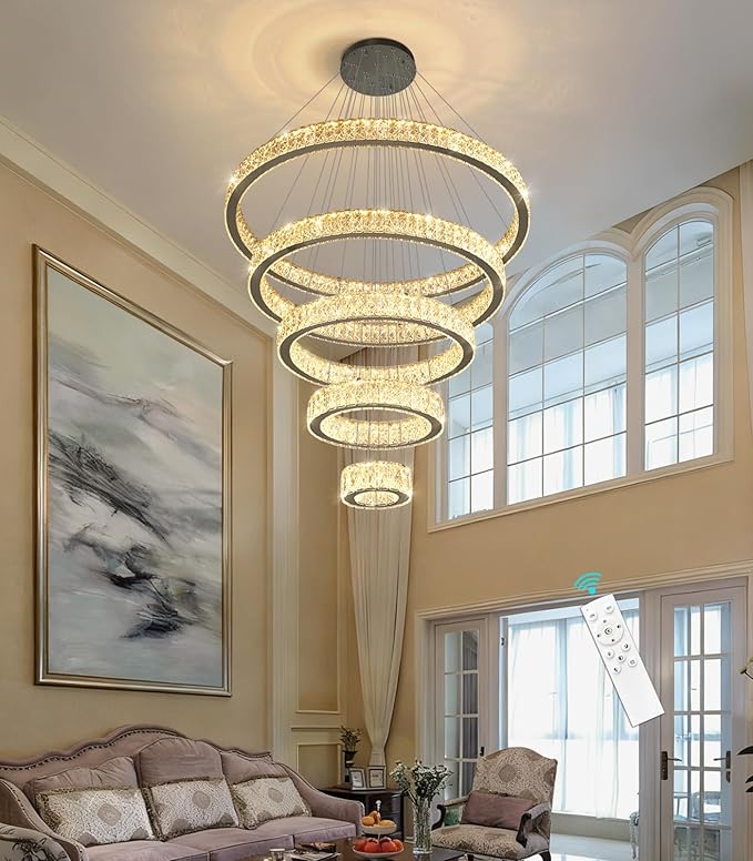 Modern High Ceiling Crystal Chandelier 90W Dimmable LED Chandeliers with Remote Luxury Height Adjustable Large Lighting Fixtures for Living Room Staircase Foyer Black