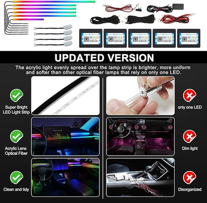 Acrylic Interior Car LED Strip Light with Wireless APP, Dreamcolor RGB 10 in 1 with 175 inches 600 LEDs Fiber Optic Car Ambient Lighting Kits, Dual Zone Sound Active Function LED Strip for Car