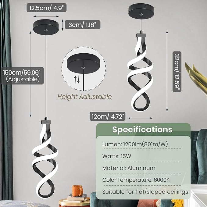 EIDISUNY 3 Packs Pendant Light, 15W Spiral Led Pendant Light, 4500K Modern Pendant Lights Kitchen Island, Adjustable Height Pendant Light for Dining Room Bedroom Kitchen Island Cafe