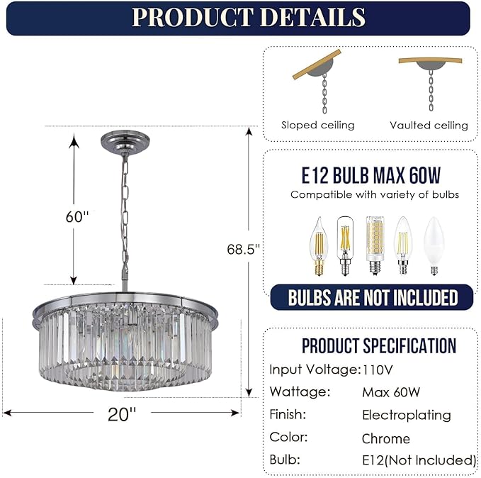 Crystal Chandelier Modern Chrome Chandeliers Lighting Pendant Ceiling Light Fixture 3-Tier for Dining Room Living Room Bedroom, W20''