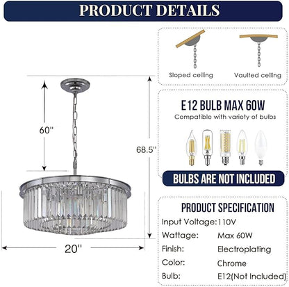 Crystal Chandelier Modern Chrome Chandeliers Lighting Pendant Ceiling Light Fixture 3-Tier for Dining Room Living Room Bedroom, W20''