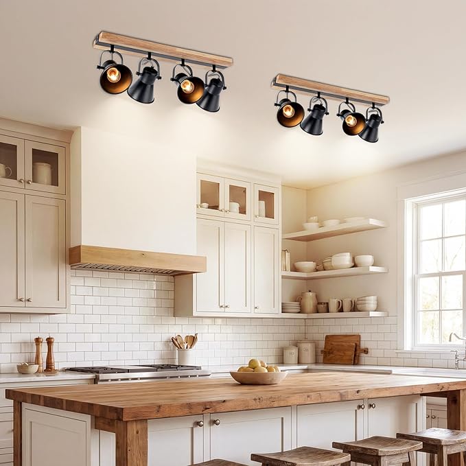 4-Lights Rustic Flush Mount Ceiling Light, Industrial Track Lighting Fixture, Rotatable Kitchen Track Lighting with Wood Base for Sink Dining Room, Living Room